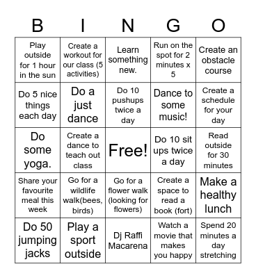 Getting Active Bingo Card