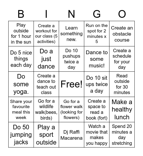 Getting Active Bingo Card