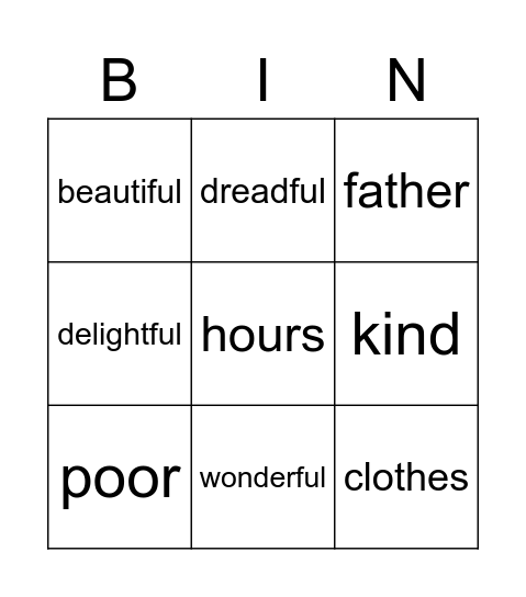 Cinderella Vocabulary for Everybody Bingo Card