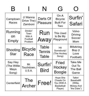 "Sport" Songs Bingo Card