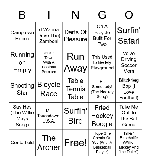 "Sport" Songs Bingo Card