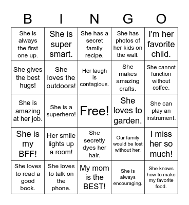 Mother's Day Bingo (Tell us About Your Mom0 Bingo Card