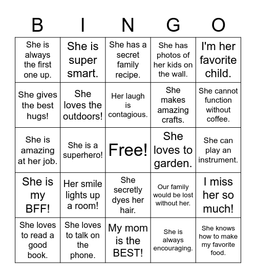 Mother's Day Bingo (Tell us About Your Mom0 Bingo Card