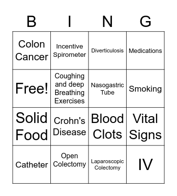 Pre-op Colon Resection Bingo Card