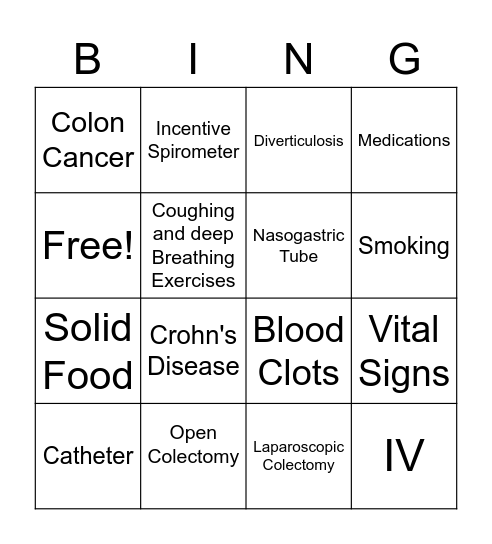 Pre-op Colon Resection Bingo Card