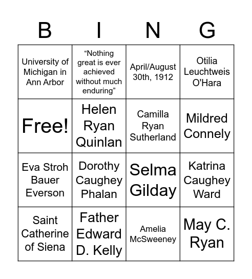 Theta Phi Alpha Founders Bingo Card