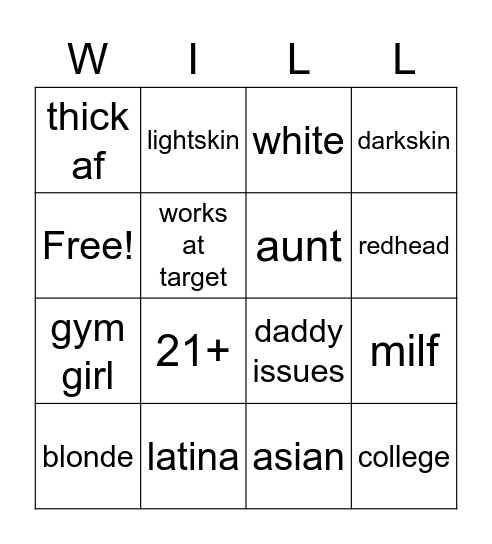 William's Tinder Bingo Card