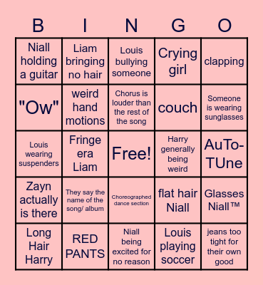 One Direction Video Bingo Card