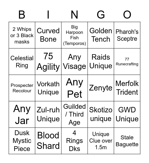 Runescape Bingo Card