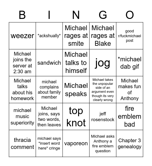Michael Bingo Board Bingo Card