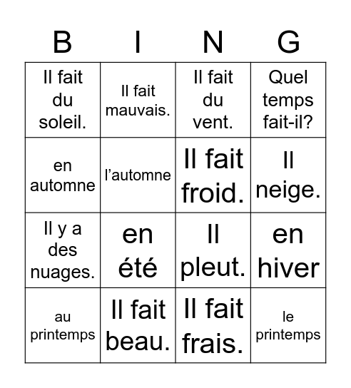 Le Temps Bingo Card