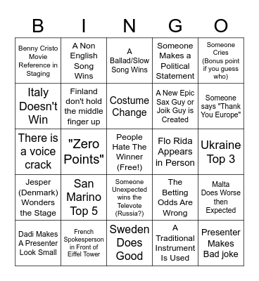 Eurovision Bingo Card