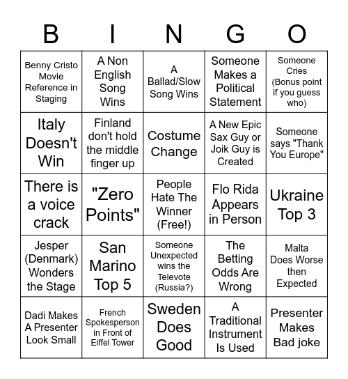 Eurovision Bingo Card