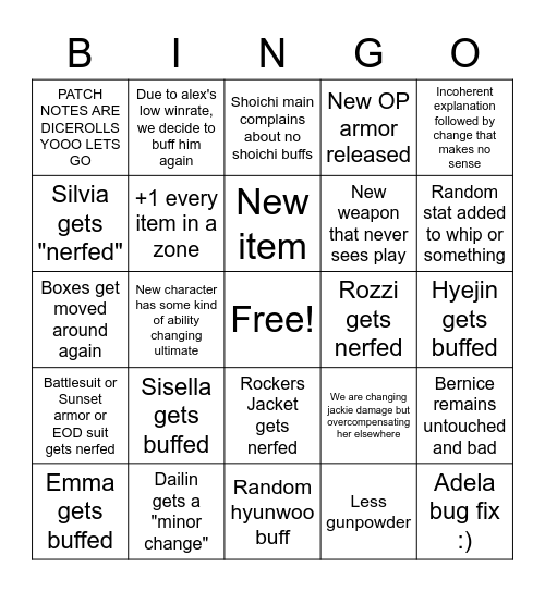 ERBS Patch notes bingo Card