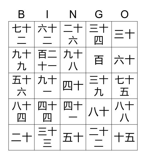 Kanji Numbers Bingo Card
