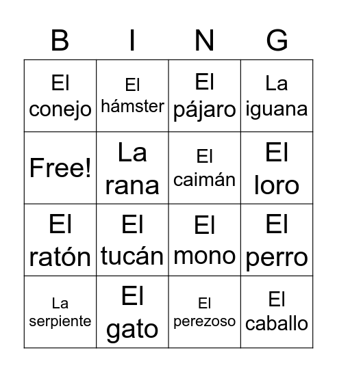 Animales 1 Bingo Card