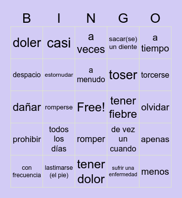 Verbos y Adverbios Bingo Card