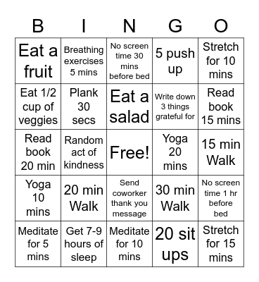 Staff Wellness Bingo Week #1 Bingo Card