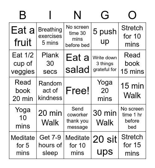 Staff Wellness Bingo Week #1 Bingo Card