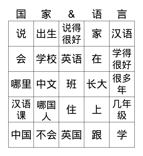 Identity - Nationalities & Languages Bingo Card