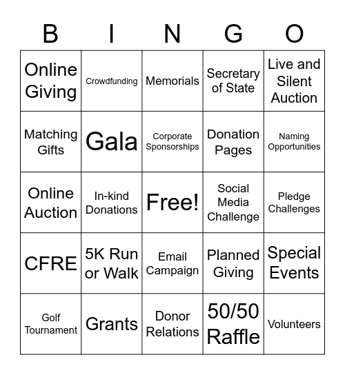 Fundraising Bingo Card