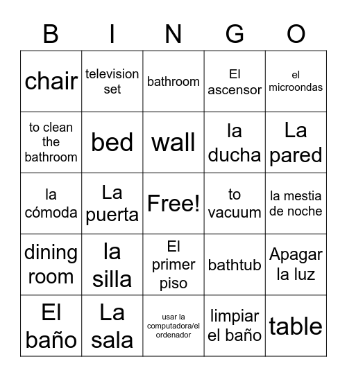 Santanilla 1, Unidad 2 - La vivienda, Tareas Domésticas, y Actividades de Ocio (Vocabulario) Bingo Card