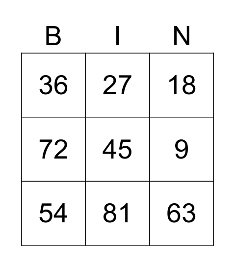 math bingo Card