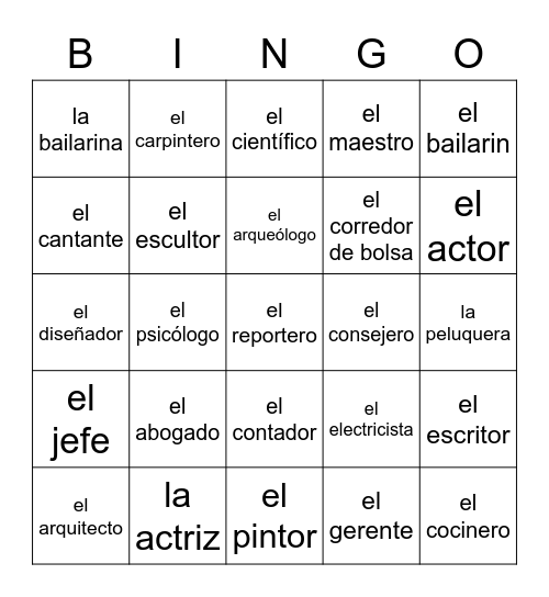 Lección 16 - vocabulario Bingo Card