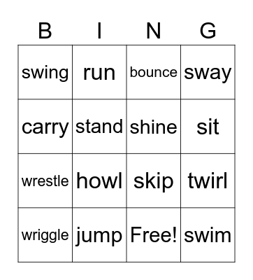 ACTION VERB BINGO Card