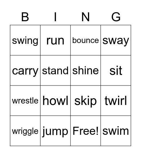 ACTION VERB BINGO Card