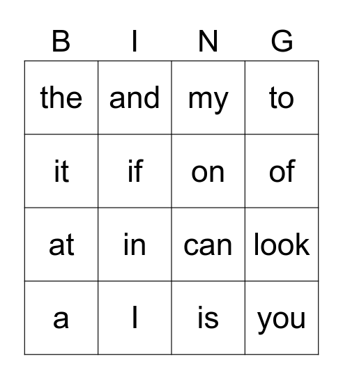 High frequency Words 1 Bingo Card