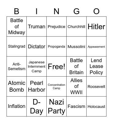 WWII Vocabulary Bingo Card