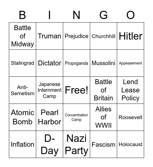 WWII Vocabulary Bingo Card