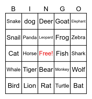 Animal Name Bingo Card
