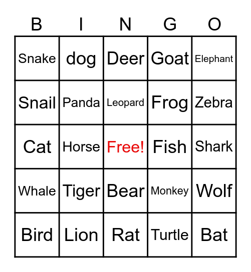 Animal Name Bingo Card