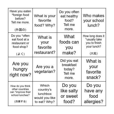 Food Bingo Card