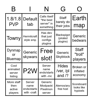 Minecraft server bingo Card