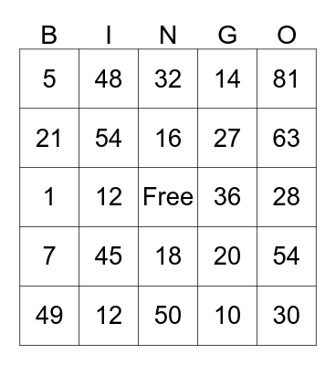 Multiplication Bingo Card