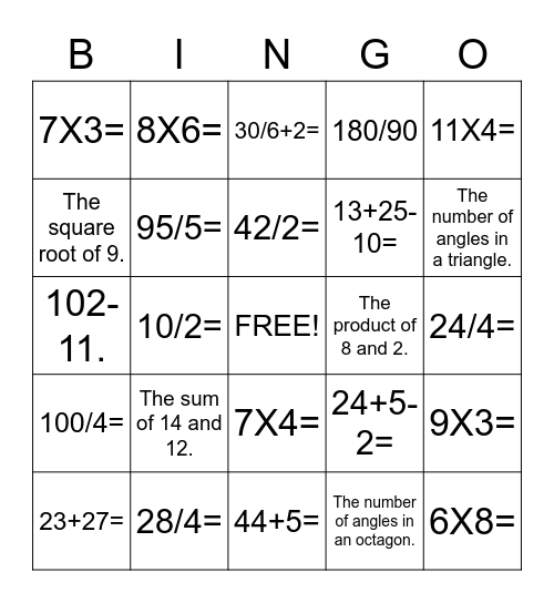 G5 and 6 Math Bingo Card