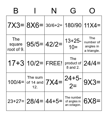 G5 and 6 Math Bingo Card