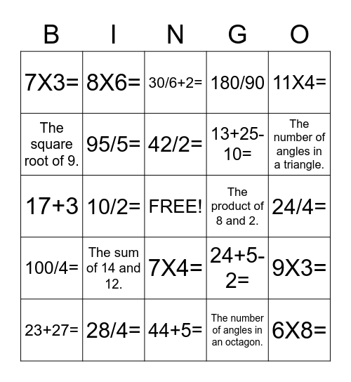 G5 and 6 Math Bingo Card