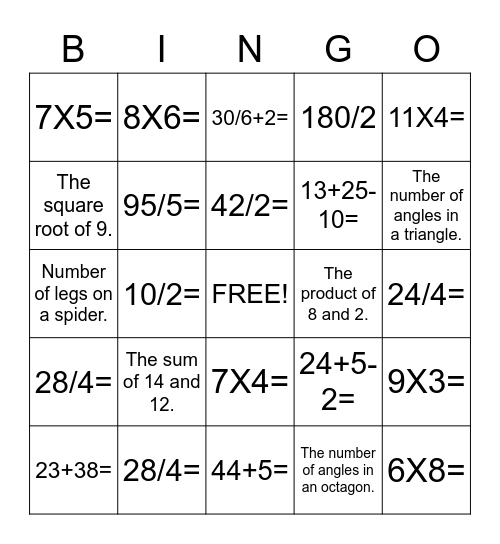 G5 and 6 Math Bingo Card