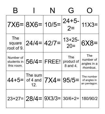 G5 and 6 Math Bingo Card
