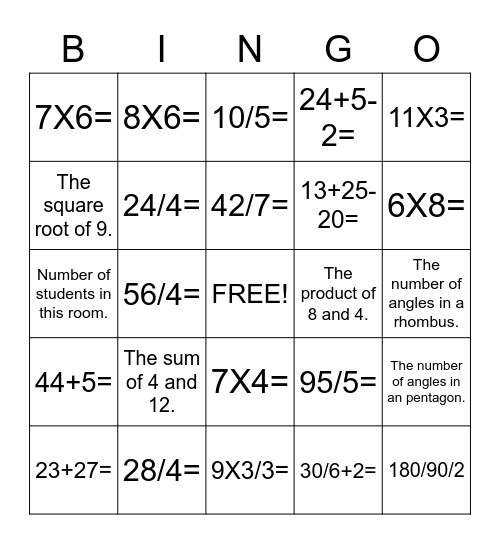 G5 and 6 Math Bingo Card