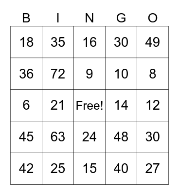 Multiplication Bingo Card
