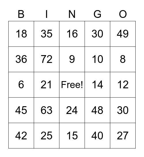 Multiplication Bingo Card