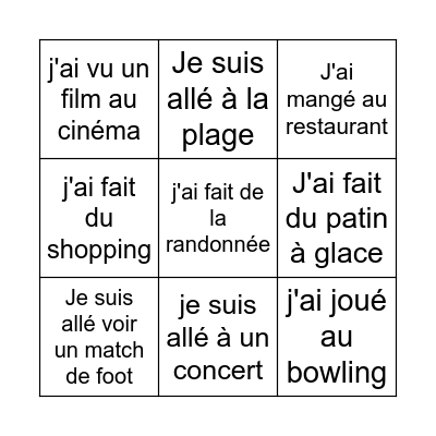 les sorties Bingo Card