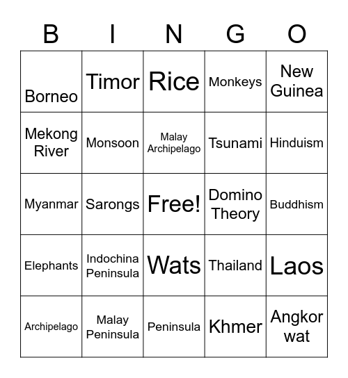 Southeast Asia Bingo Card