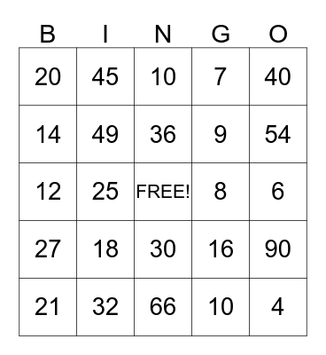 Multiplication Bingo Card