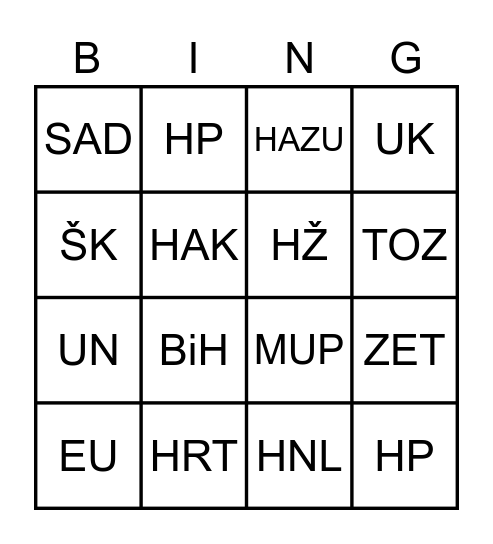 Kratice višečlanih naziva Bingo Card